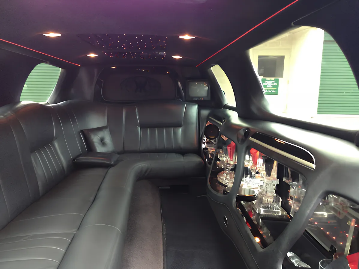 Interior of 10 passenger Lincoln stretch limo — second angle